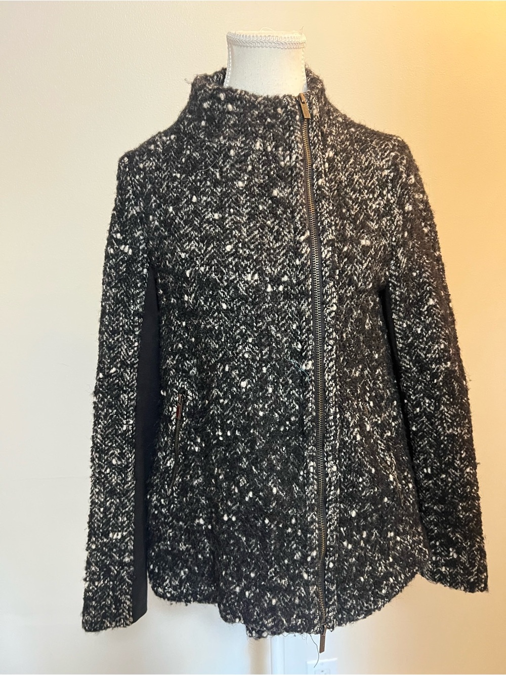 BCBGMaxAzria Black & White Bouclé Zip Jacket
